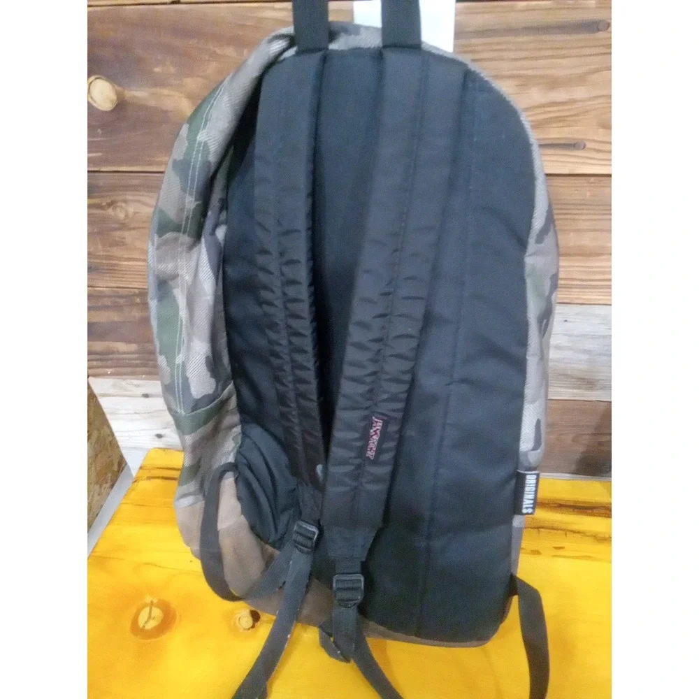 Jansport Camouflage Camo Backpack Leather Suede Bottom Grunge 90's Street Wear.